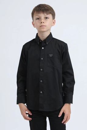 hypoallergenic Trendsetter Choice Kid??s Single Pocket Logo Modern Fit Stretch Black Dress Shirt