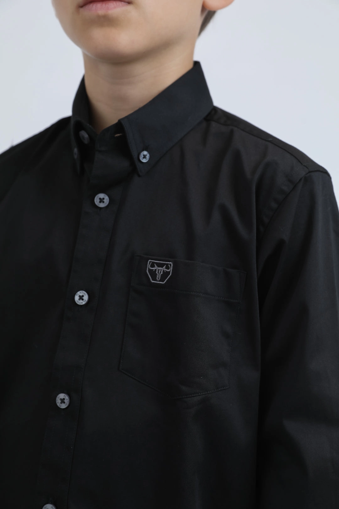 Kid??s Single Pocket Logo Modern Fit Stretch Black Dress Shirt Ultra Soft Interior