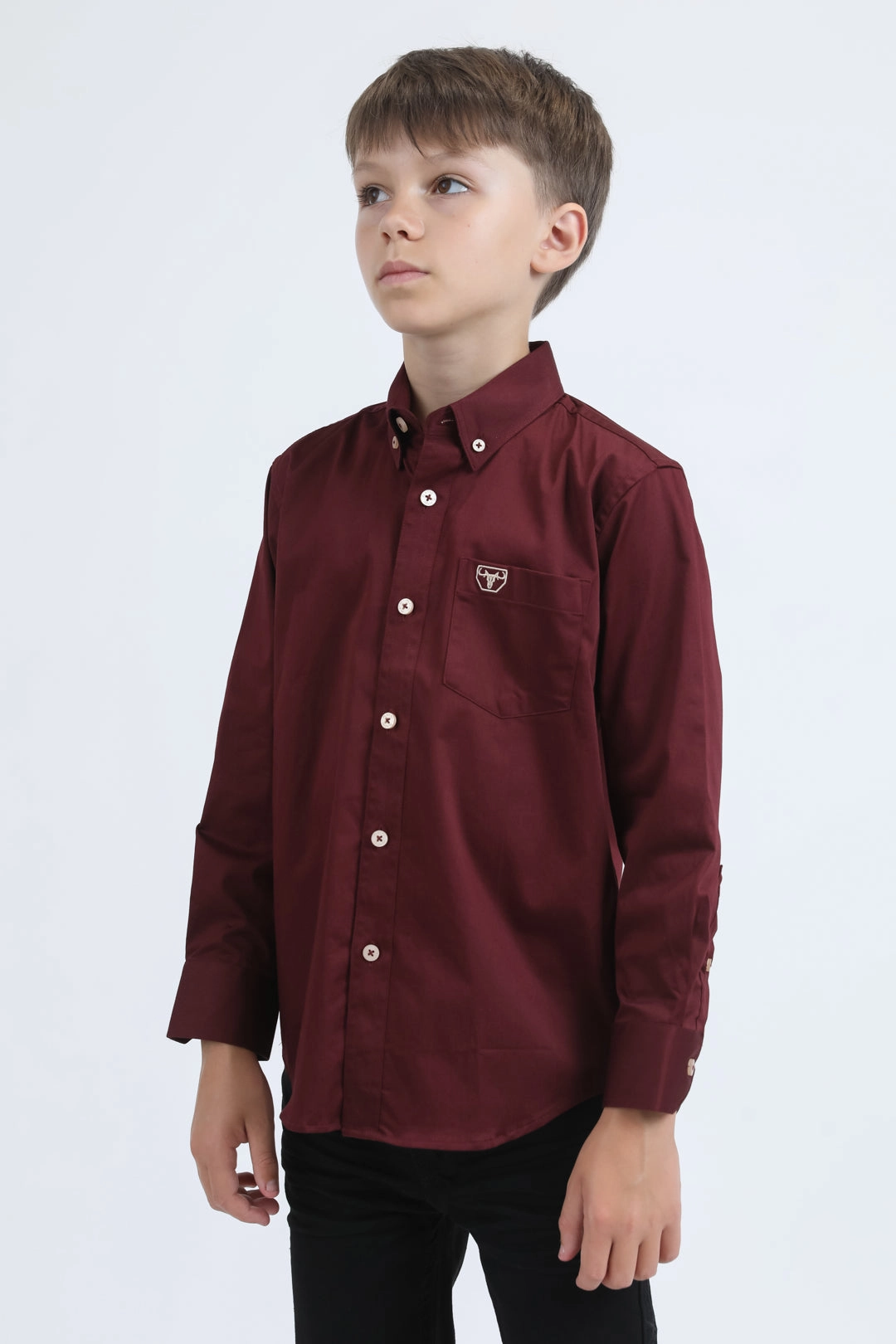 Kid??s Single Pocket Logo Modern Fit Stretch Burgundy Dress Shirt Outdoor Adventure