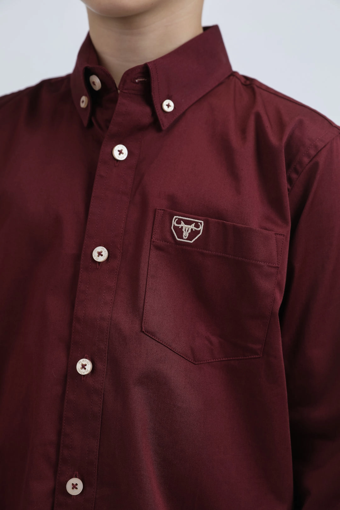 Kid??s Single Pocket Logo Modern Fit Stretch Burgundy Dress Shirt Resort Wear Smooth Seam Finish