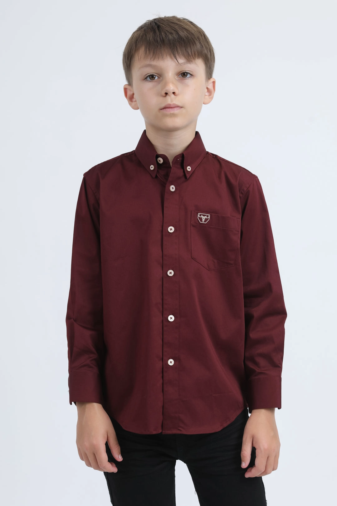Affordable Luxury Resort Wear Kid??s Single Pocket Logo Modern Fit Stretch Burgundy Dress Shirt