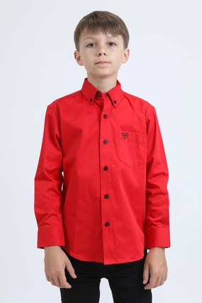 Kid??s Single Pocket Logo Modern Fit Stretch Red Dress Shirt Minimalist Style