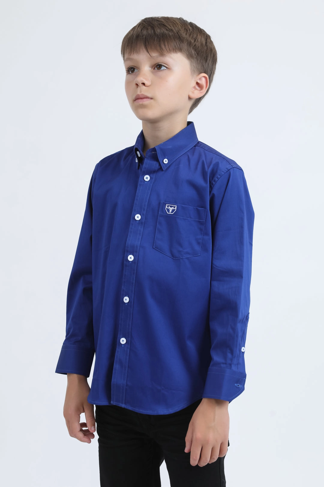 Kid??s Single Pocket Logo Modern Fit Stretch Royal Blue Dress Shirt Outerwear Companion Timeless Style
