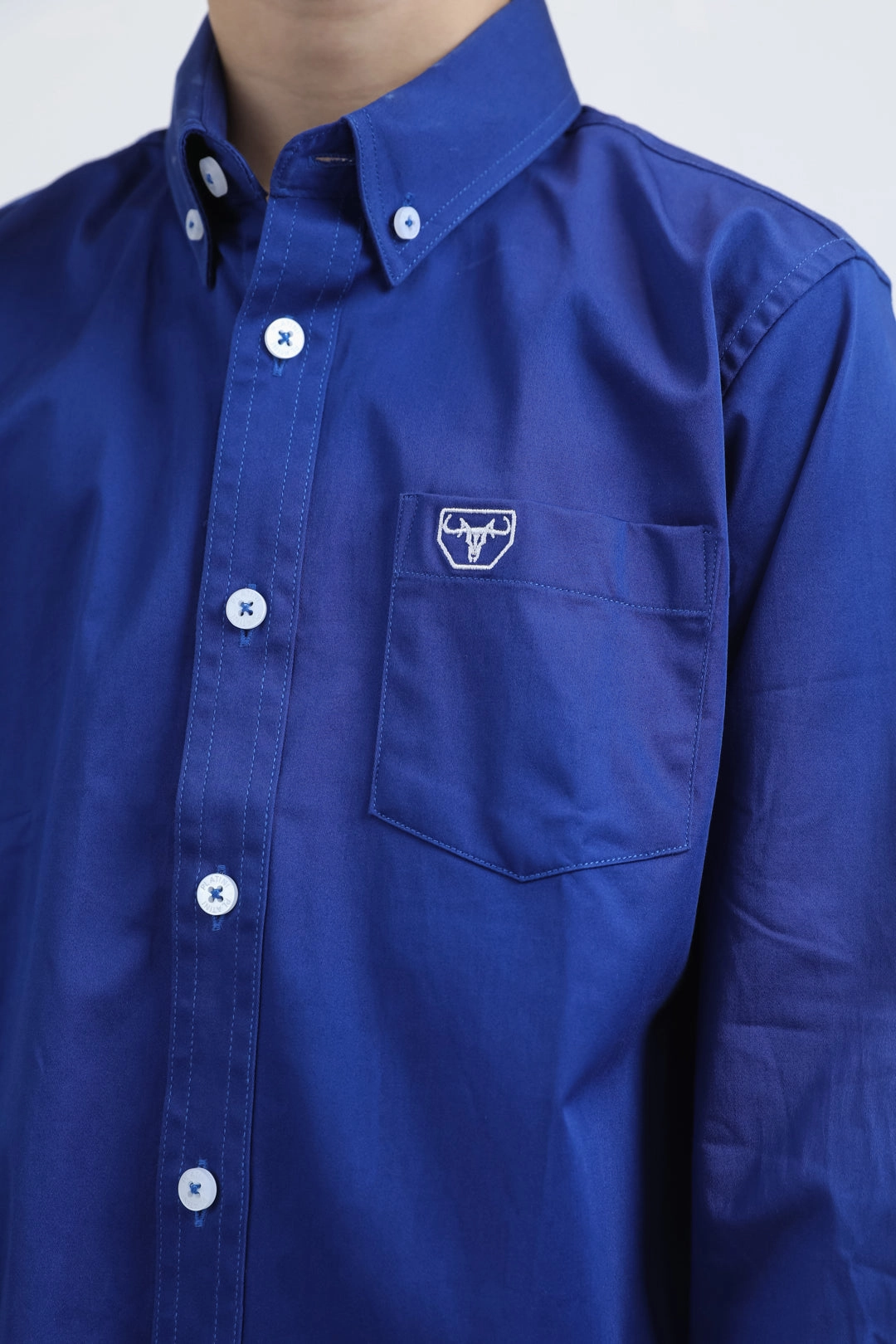 Pure Cotton Fitted Design Kid??s Single Pocket Logo Modern Fit Stretch Royal Blue Dress Shirt