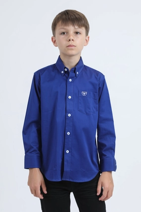 Kid??s Single Pocket Logo Modern Fit Stretch Royal Blue Dress Shirt Camouflage Print Brushed Inner Lining