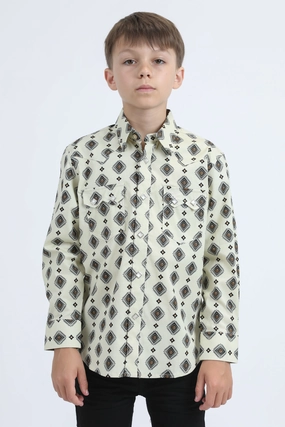 Kid's Western Modern Fit Cotton/Spandex Long Sleeve Beige Shirt with Snaps Tagless label