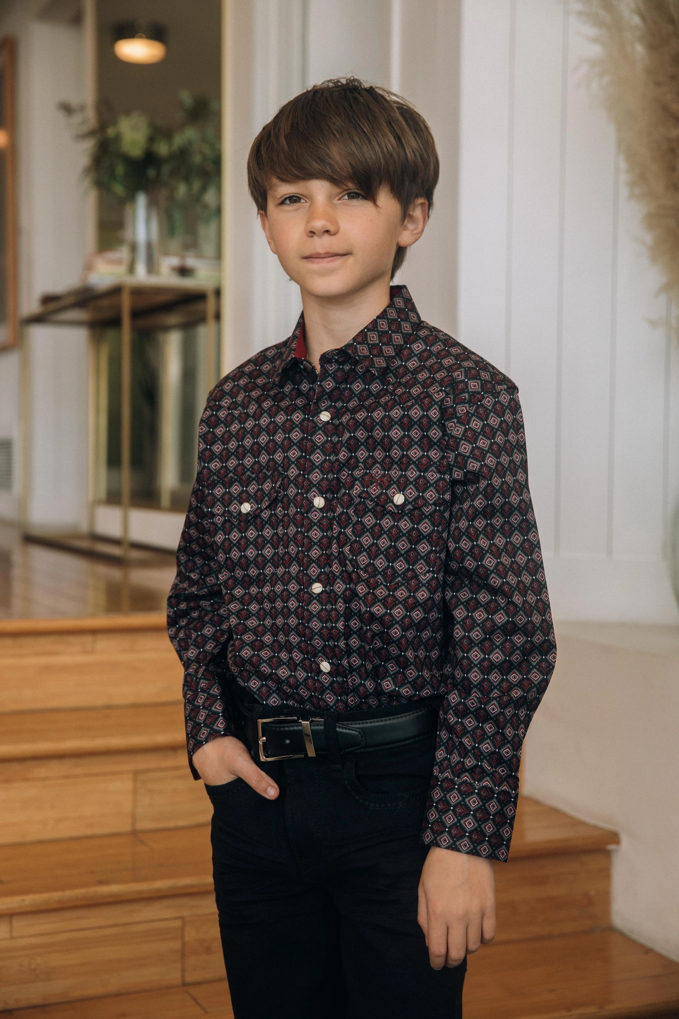 Fashion Comfort Kid's Western Modern Fit Cotton/Spandex Long Sleeve Black Shirt with Snaps