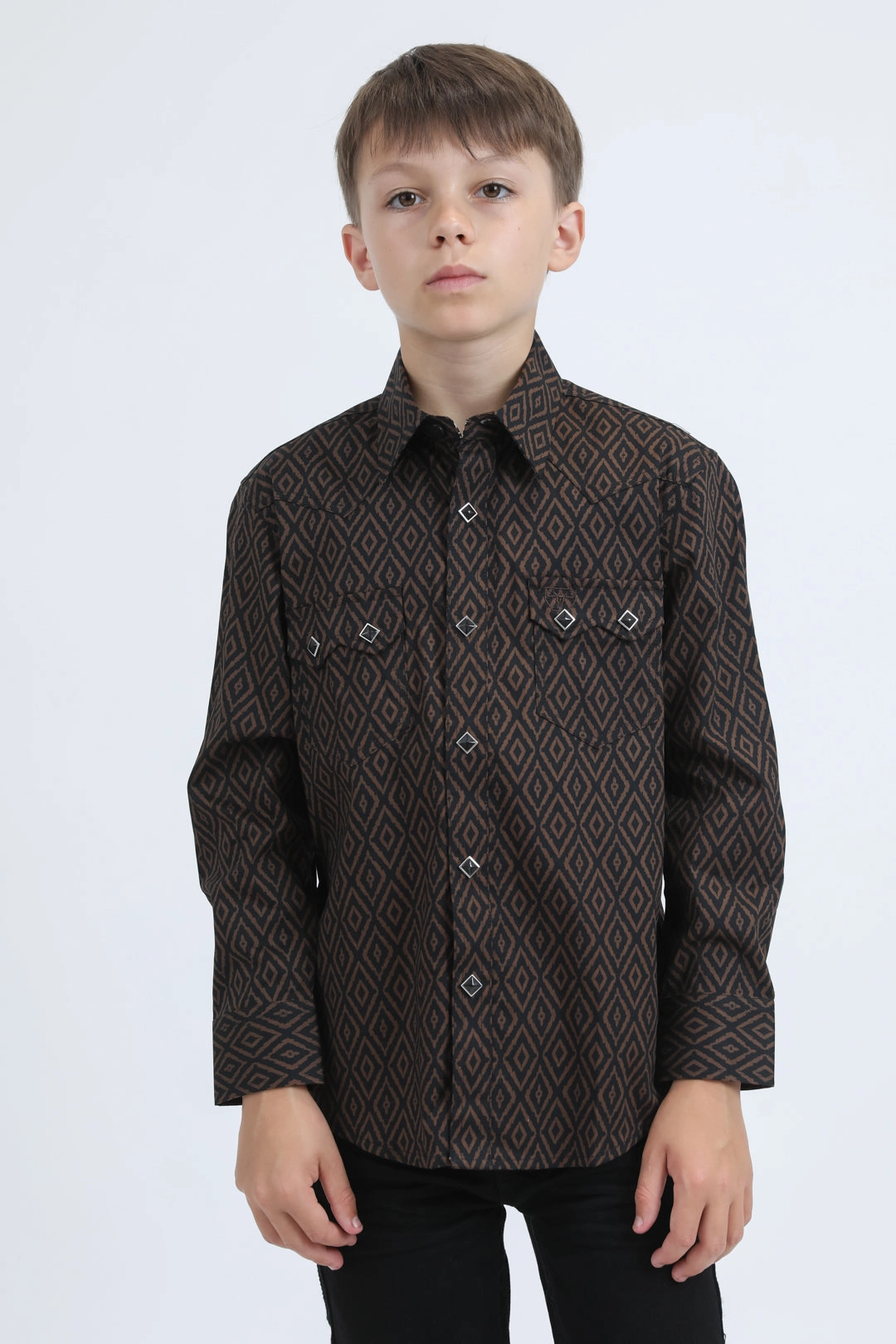 Kid's Western Modern Fit Cotton/Spandex Long Sleeve Black Shirt with Snaps Flexible Shoulder Construction