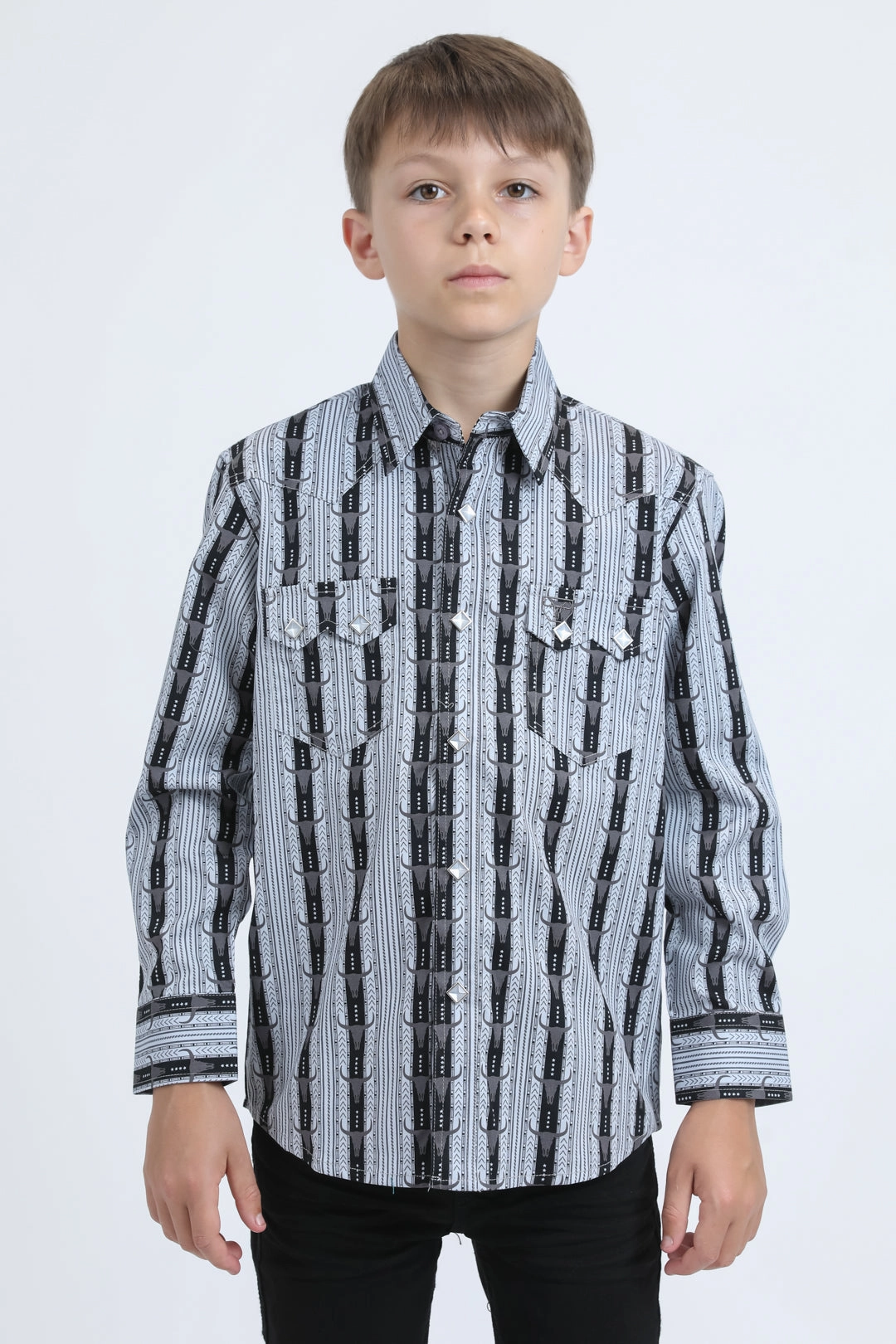 Kid's Western Modern Fit Cotton/Spandex Long Sleeve Black Shirt with Snaps Double Stitched Seams Wrinkle Resistant Finish