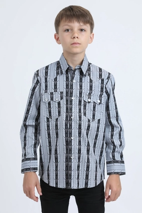 Kid's Western Modern Fit Cotton/Spandex Long Sleeve Black Shirt with Snaps Double Stitched Seams Wrinkle Resistant Finish