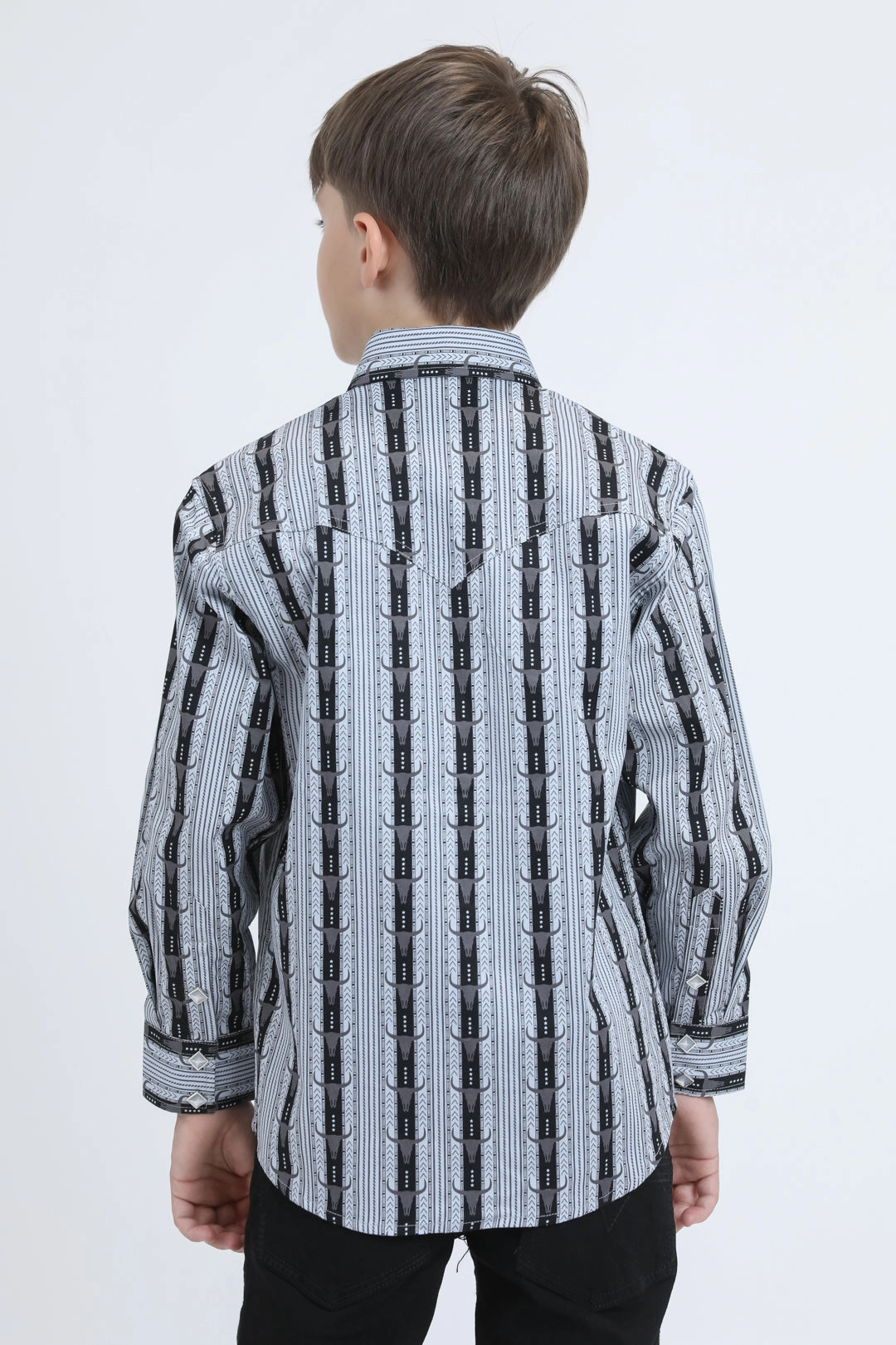 Layered Design Kid's Western Modern Fit Cotton/Spandex Long Sleeve Black Shirt with Snaps