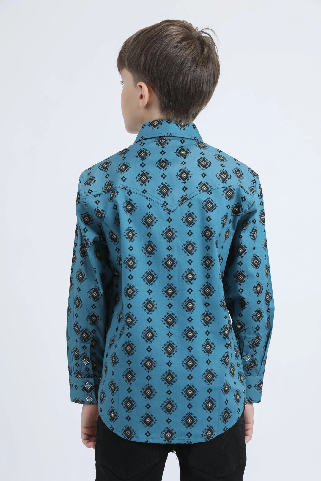 Kid's Western Modern Fit Cotton/Spandex Long Sleeve Blue Shirt with Snaps Sheer Panel Durable Button Closures