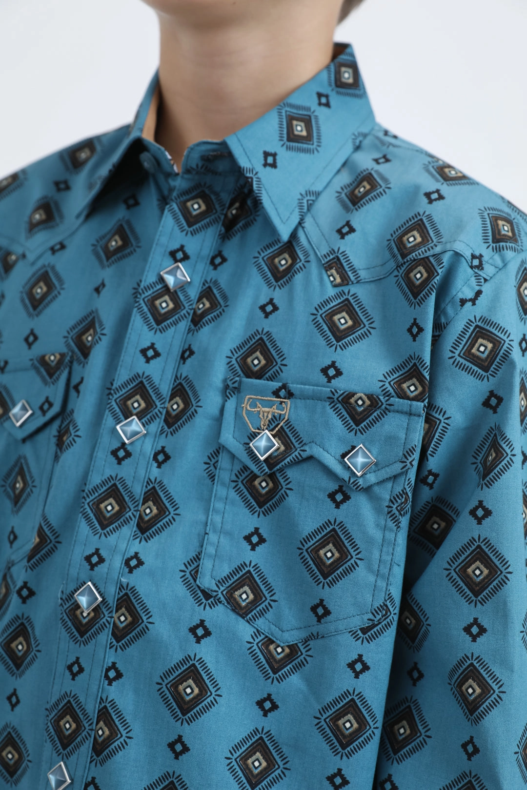 Kid's Western Modern Fit Cotton/Spandex Long Sleeve Blue Shirt with Snaps Workwear Approved Breathable fabric