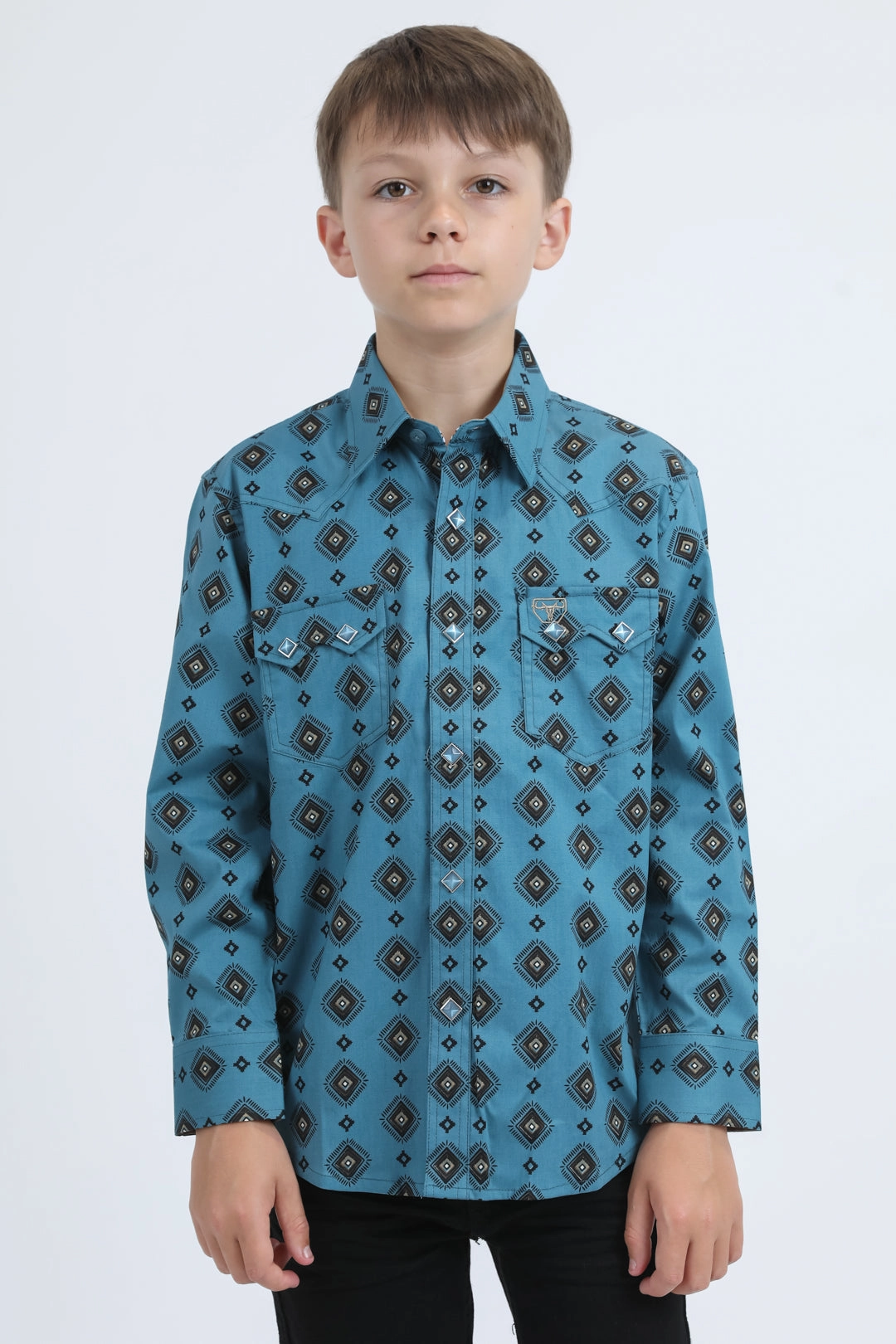 Sustainable Weave Breathable back panel Kid's Western Modern Fit Cotton/Spandex Long Sleeve Blue Shirt with Snaps
