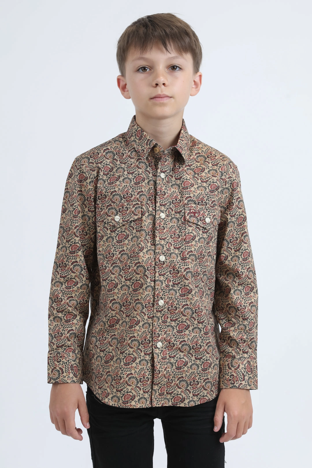 Kid's Western Modern Fit Cotton/Spandex Long Sleeve Khaki Shirt with Snaps Trendy Wear Youth fashion