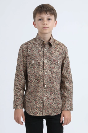 Kid's Western Modern Fit Cotton/Spandex Long Sleeve Khaki Shirt with Snaps Trendy Wear Youth fashion