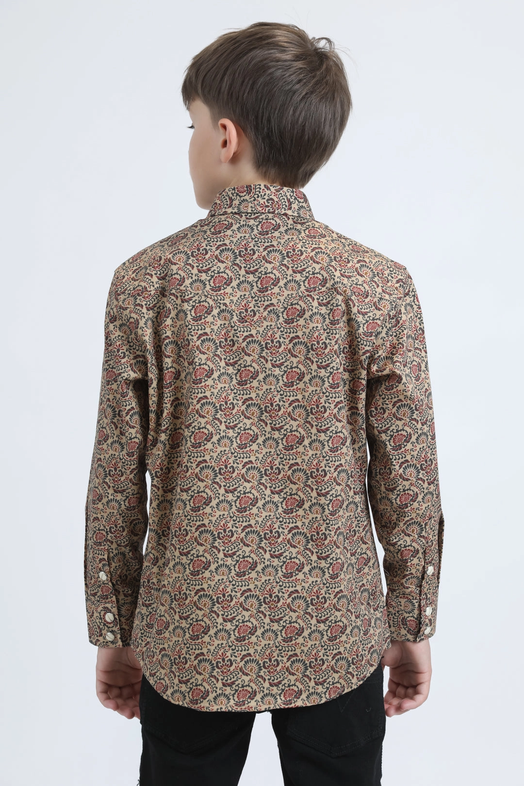 Odor Control Fabric Kid's Western Modern Fit Cotton/Spandex Long Sleeve Khaki Shirt with Snaps