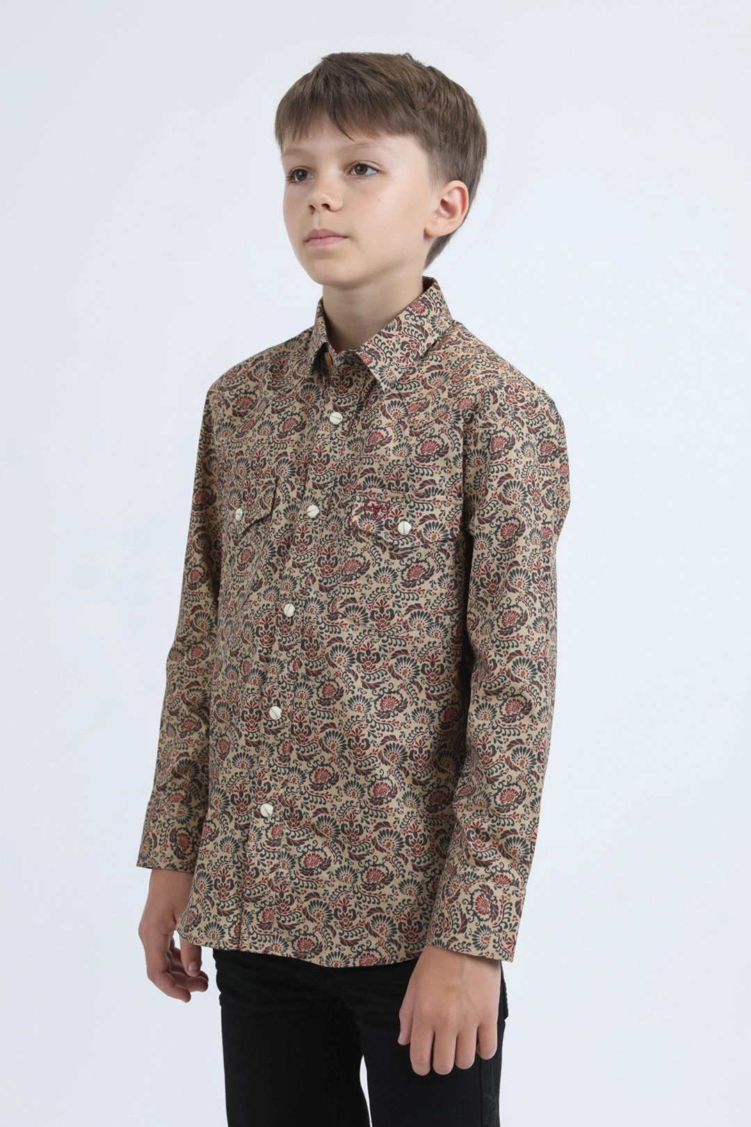 Smart Casual mix and match Kid's Western Modern Fit Cotton/Spandex Long Sleeve Khaki Shirt with Snaps