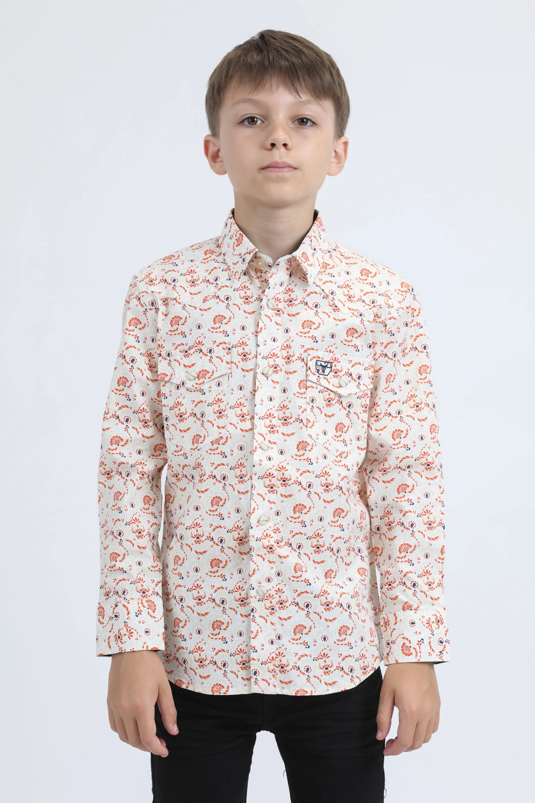 Kid's Western Modern Fit Cotton/Spandex Long Sleeve White Shirt with Snaps Sporty Comfort