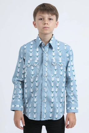 Sustainable production Kid's Western Modern Fit Cotton/Spandex Long Sleeve White Shirt with Snaps