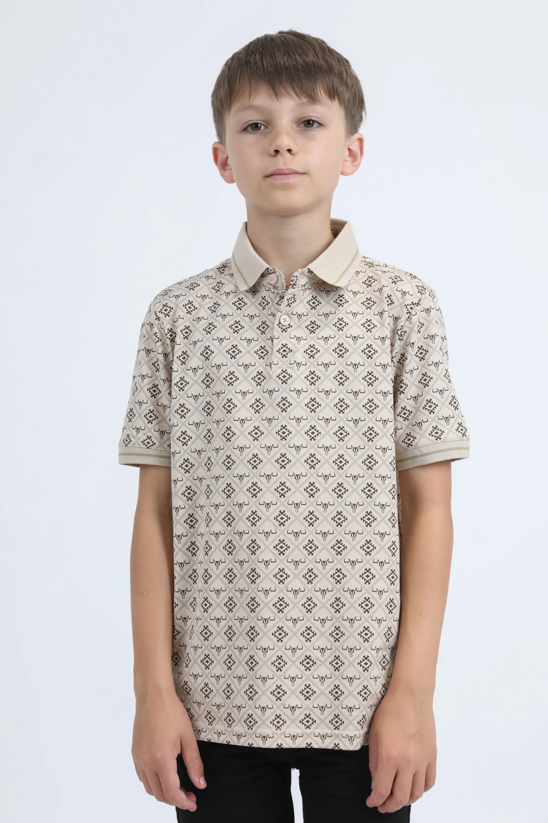 Kids Cotton Modern Fit Stretch Aztec Print Beige Polo Relaxed Look Pure Tone