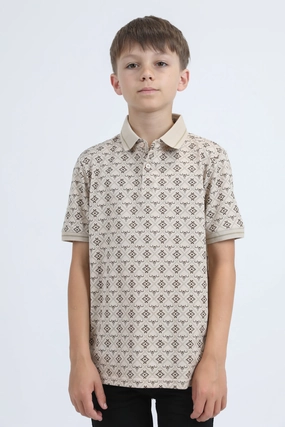 Kids Cotton Modern Fit Stretch Aztec Print Beige Polo Relaxed Look Pure Tone