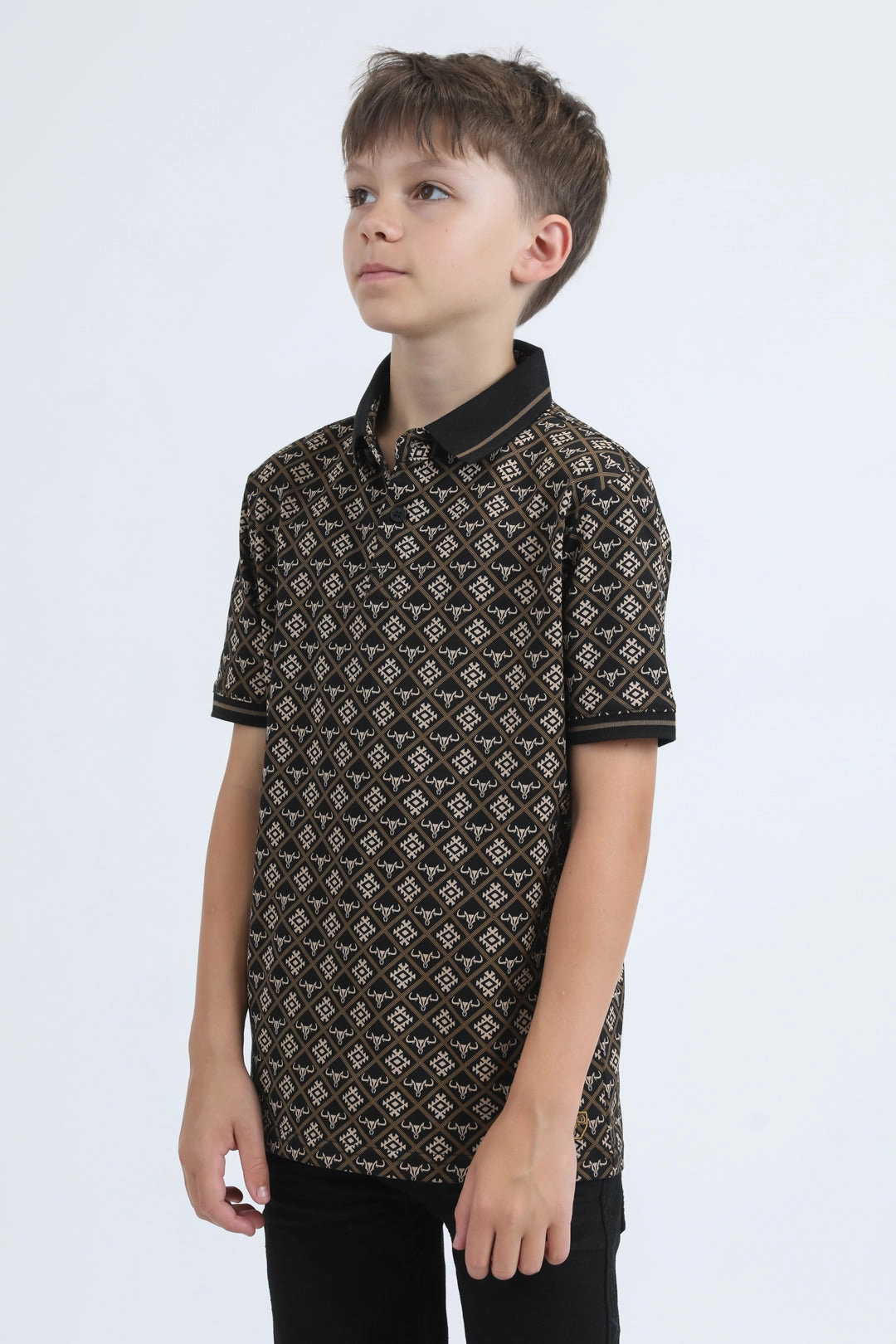 Kids Cotton Modern Fit Stretch Aztec Print Black Polo QuickDryMaterial