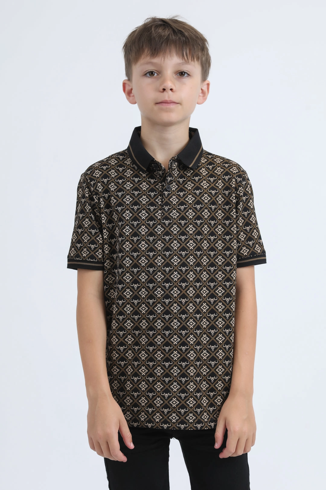 Calm Core Kids Cotton Modern Fit Stretch Aztec Print Black Polo