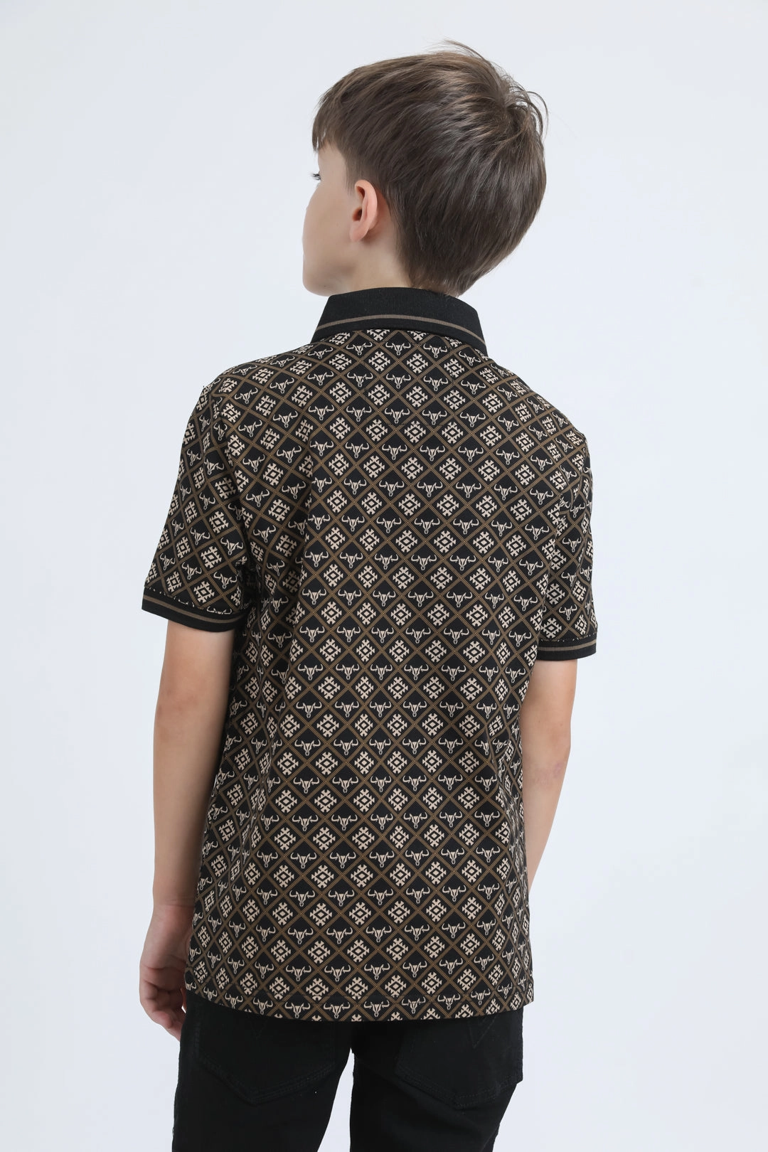 Zen Ease AntiPillingFabric Kids Cotton Modern Fit Stretch Aztec Print Black Polo