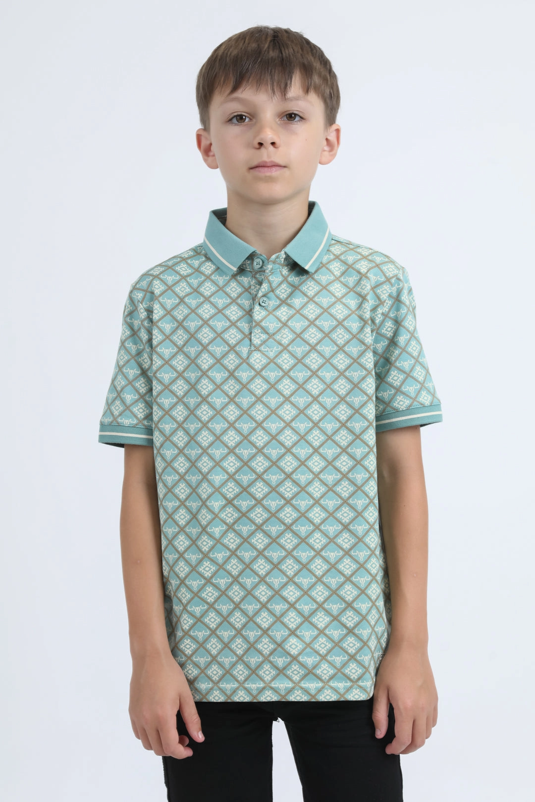 Kids Cotton Modern Fit Stretch Aztec Print Blue Polo Modern Cut