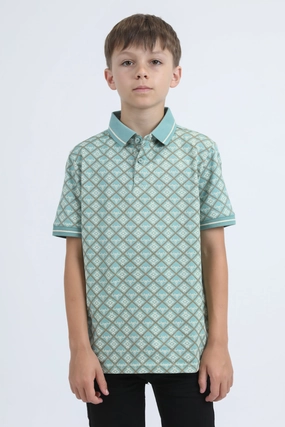 Kids Cotton Modern Fit Stretch Aztec Print Blue Polo Modern Cut