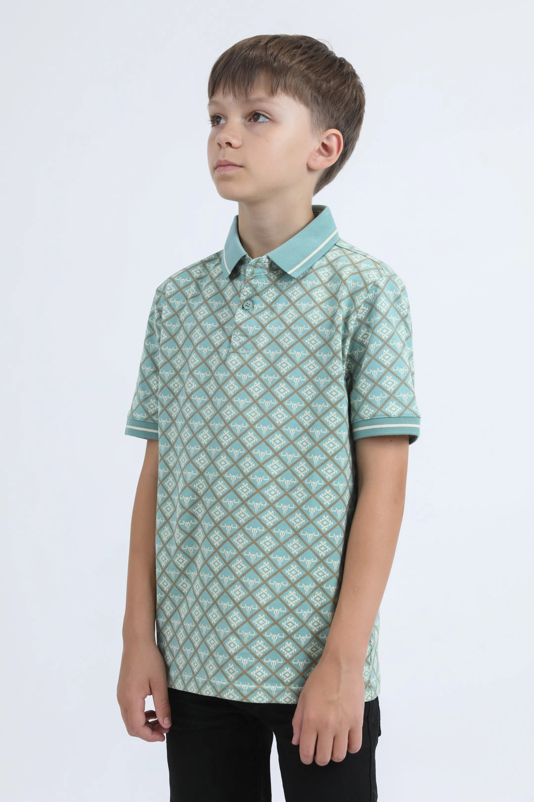 Gentle Breeze Quick Wear Kids Cotton Modern Fit Stretch Aztec Print Blue Polo