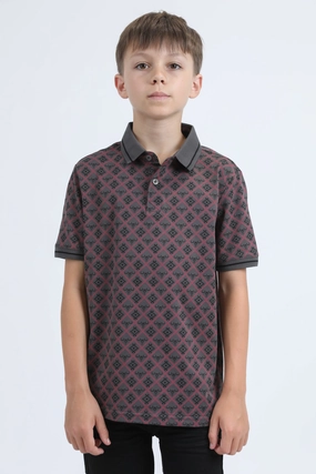 Work Safe Layered Hem Details Kids Cotton Modern Fit Stretch Aztec Print Grey Polo