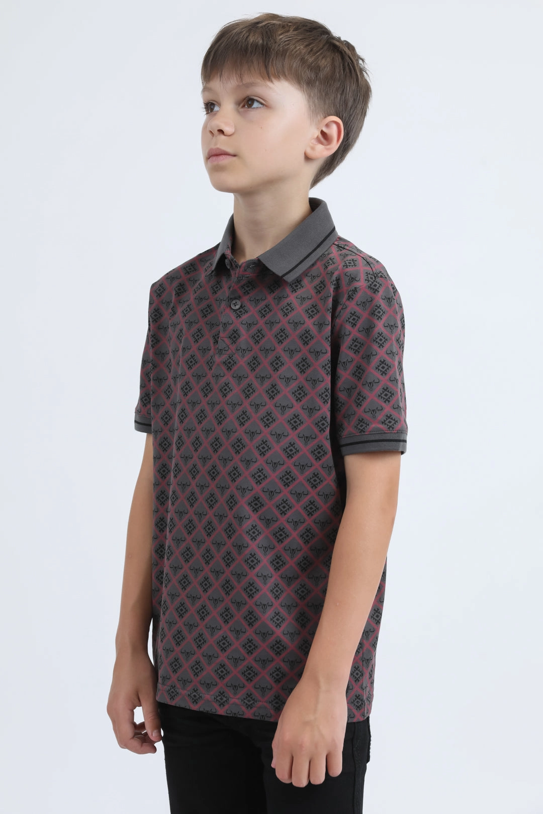Kids Cotton Modern Fit Stretch Aztec Print Grey Polo Moon Beam DoubleStitchedEdges