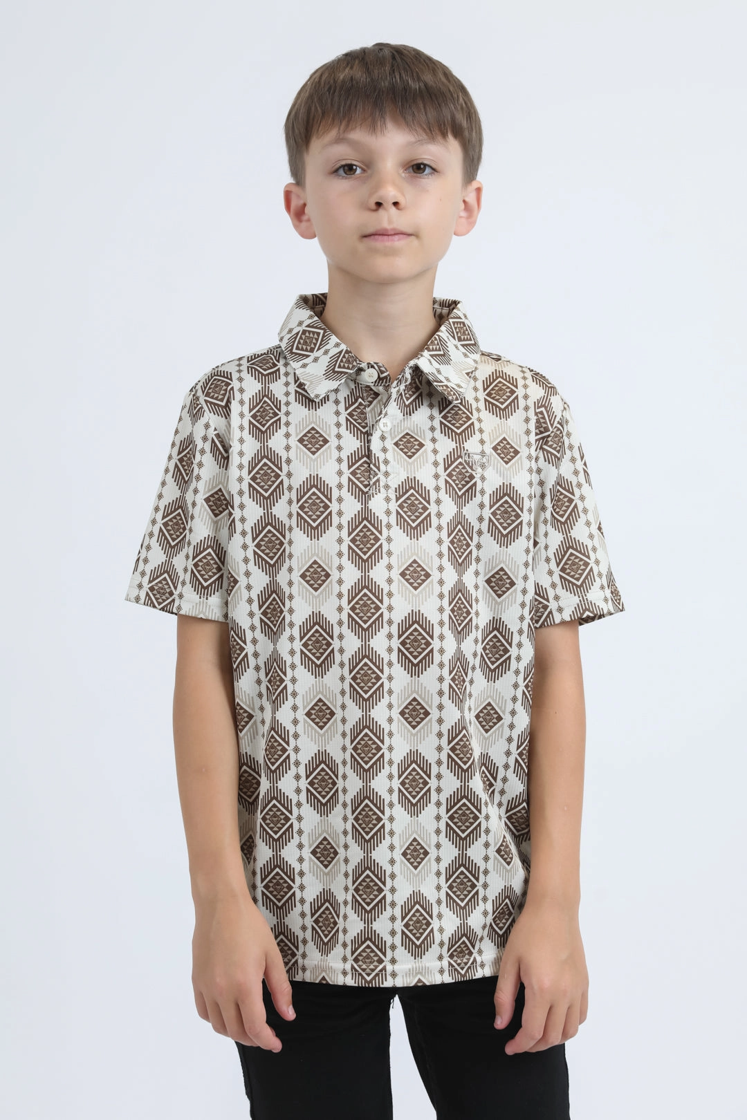 Wind Glow Kids Performance Fabric Modern Fit Stretch Aztec Print Beige Polo