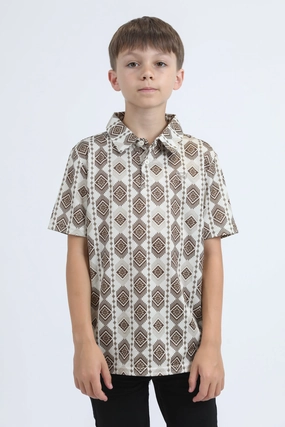 Wind Glow Kids Performance Fabric Modern Fit Stretch Aztec Print Beige Polo