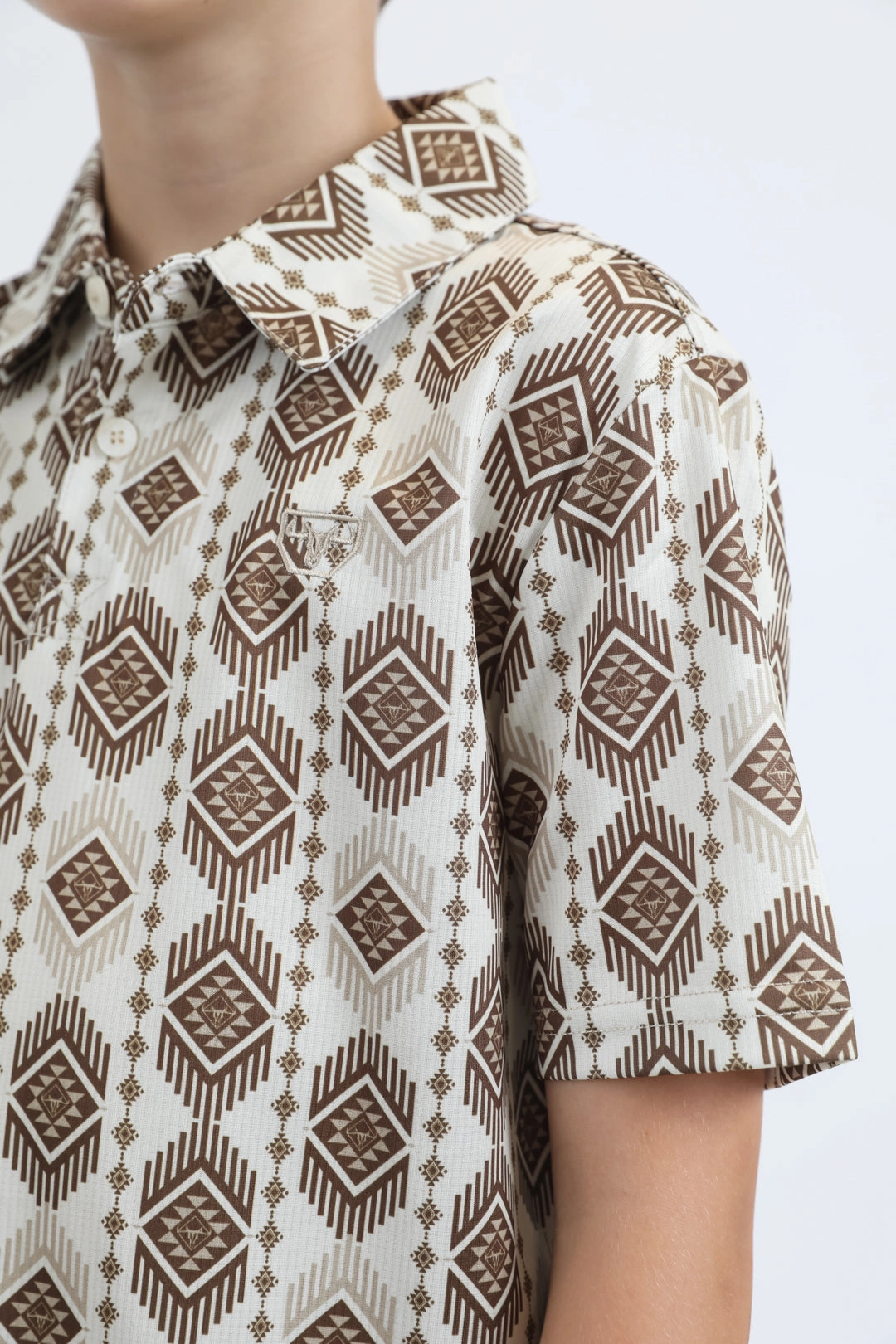 Magic Glow NonIrritatingSeams Kids Performance Fabric Modern Fit Stretch Aztec Print Beige Polo