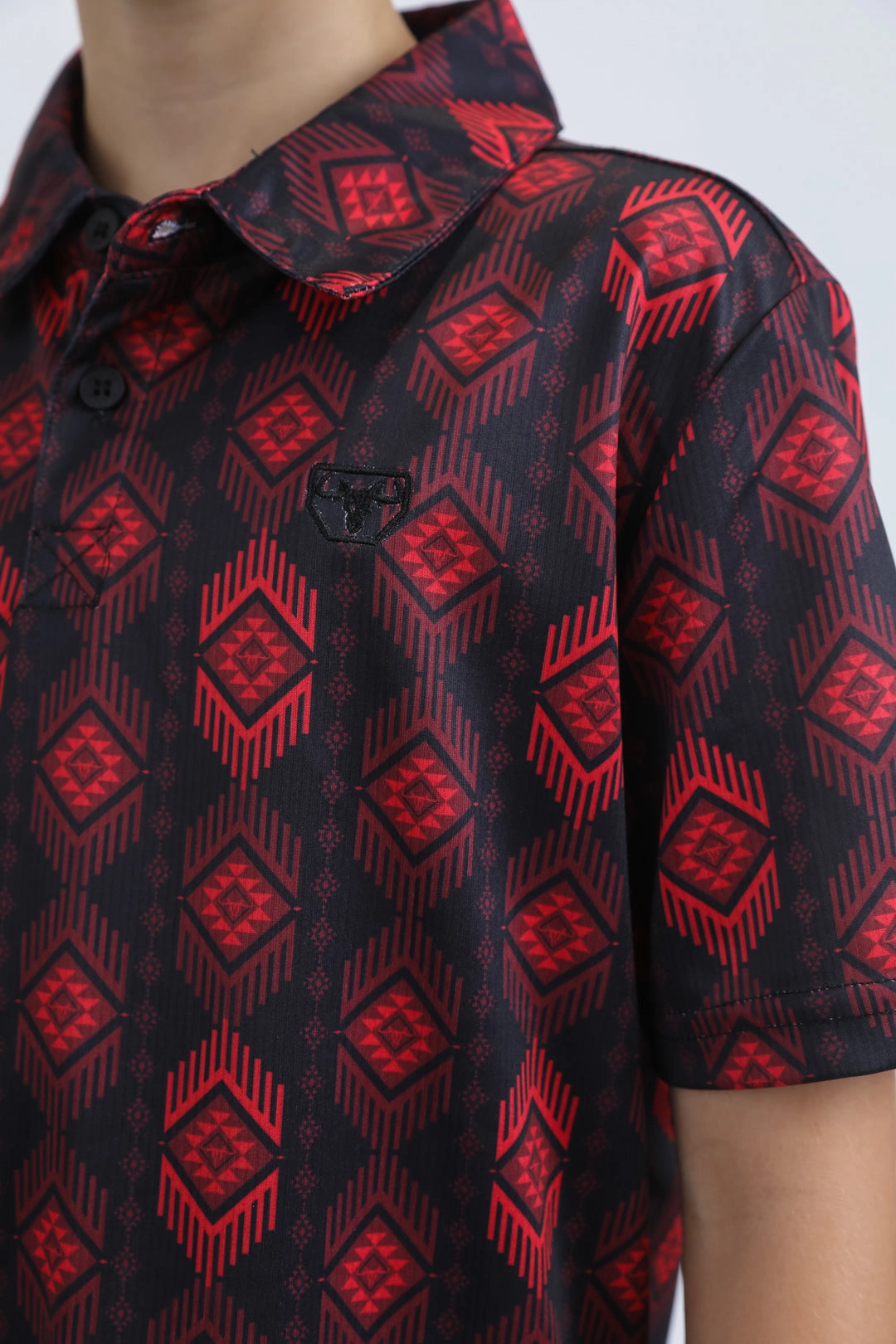 Durable materials Kids Performance Fabric Modern Fit Stretch Aztec Print Black Polo