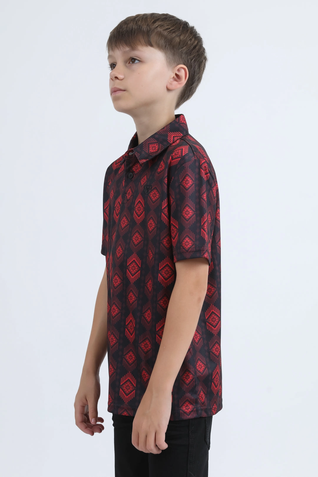 Kids Performance Fabric Modern Fit Stretch Aztec Print Black Polo MultiPanelCut QuickDryMaterial