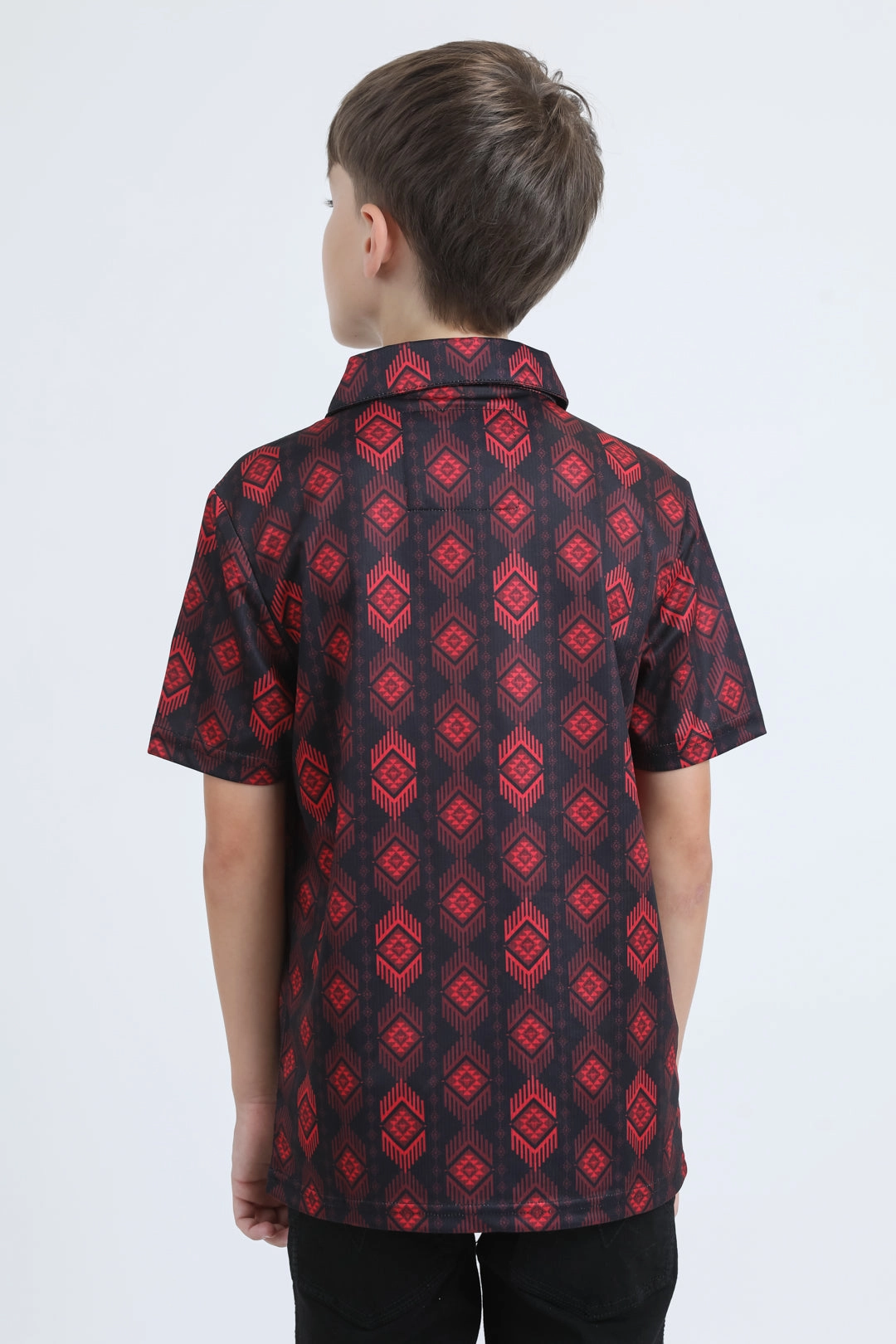 Kids Performance Fabric Modern Fit Stretch Aztec Print Black Polo Plane Mood