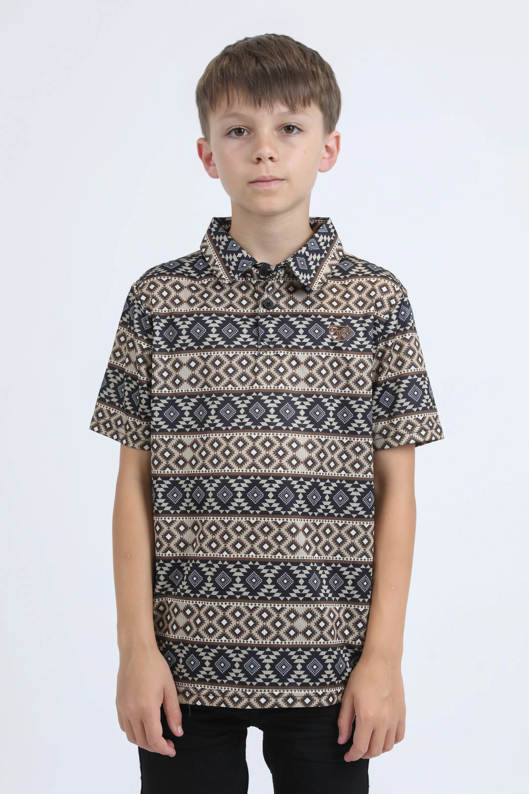 Kids Performance Fabric Modern Fit Stretch Aztec Print Black Polo FlexibleCuff New Yorker