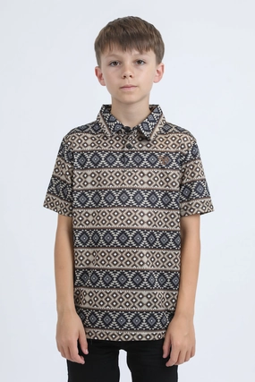 Kids Performance Fabric Modern Fit Stretch Aztec Print Black Polo FlexibleCuff New Yorker