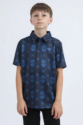 Kids Performance Fabric Modern Fit Stretch Aztec Print Blue Polo Velvet Soul
