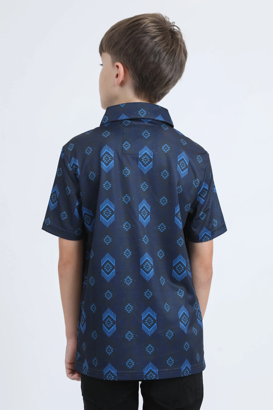 Lightweight Material Kids Performance Fabric Modern Fit Stretch Aztec Print Blue Polo