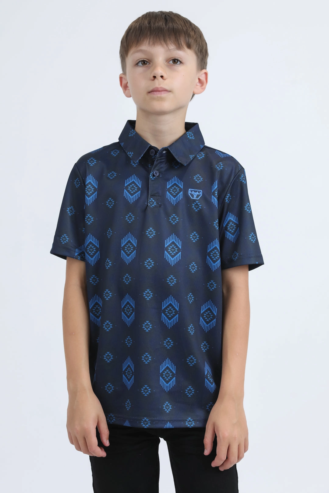 Kids Performance Fabric Modern Fit Stretch Aztec Print Blue Polo Velvet Soul