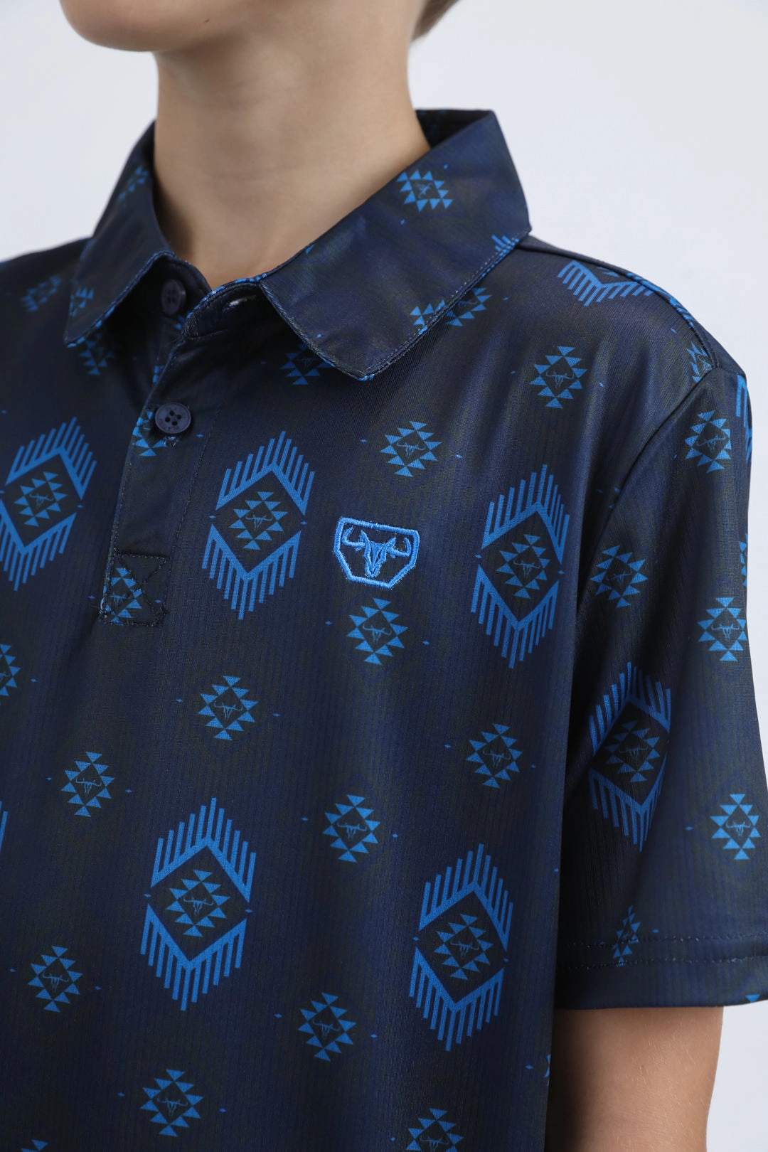 Kids Performance Fabric Modern Fit Stretch Aztec Print Blue Polo Icon Fit