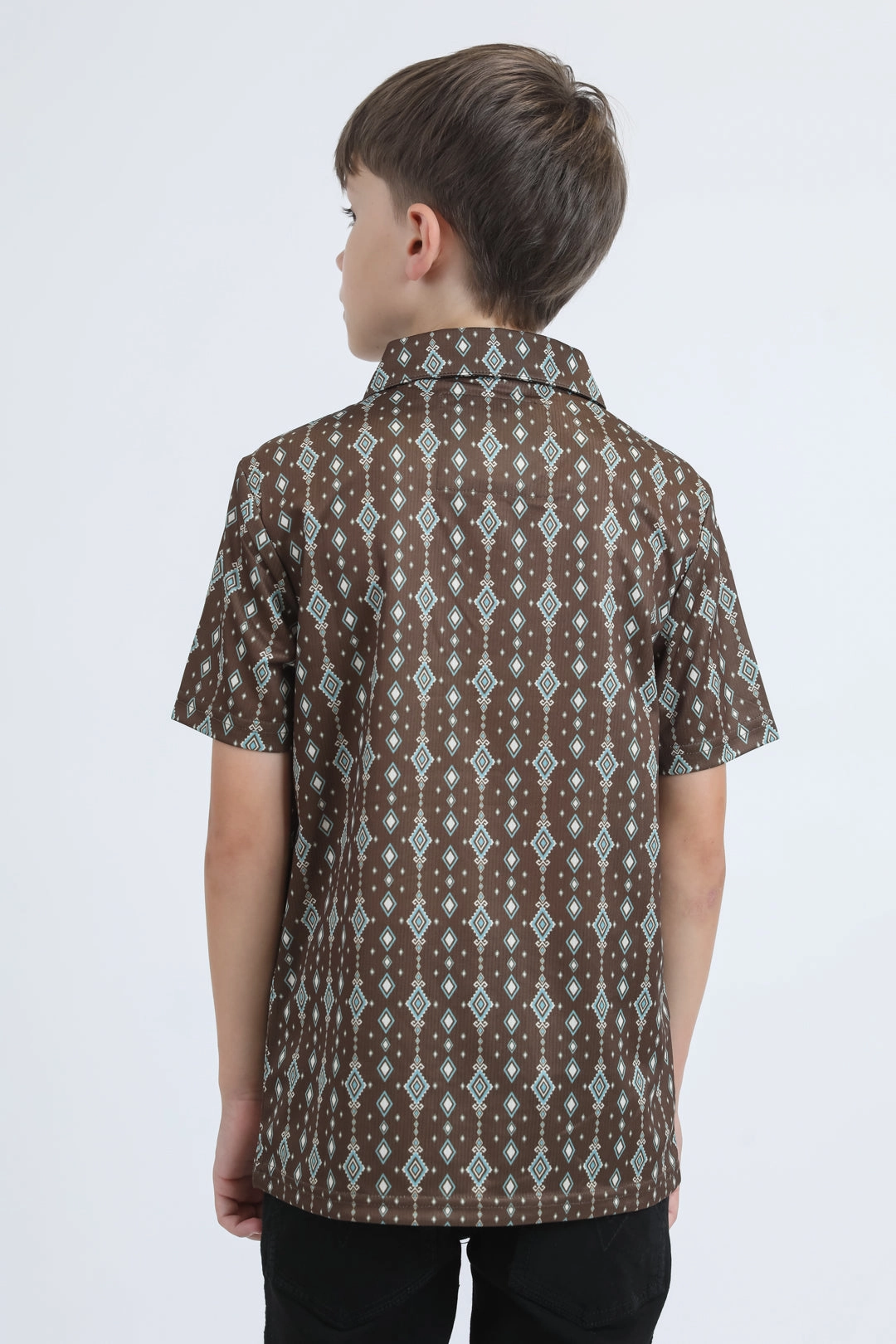 AbrasionFreeZone HighElasticity Kids Performance Fabric Modern Fit Stretch Aztec Print Brown Polo
