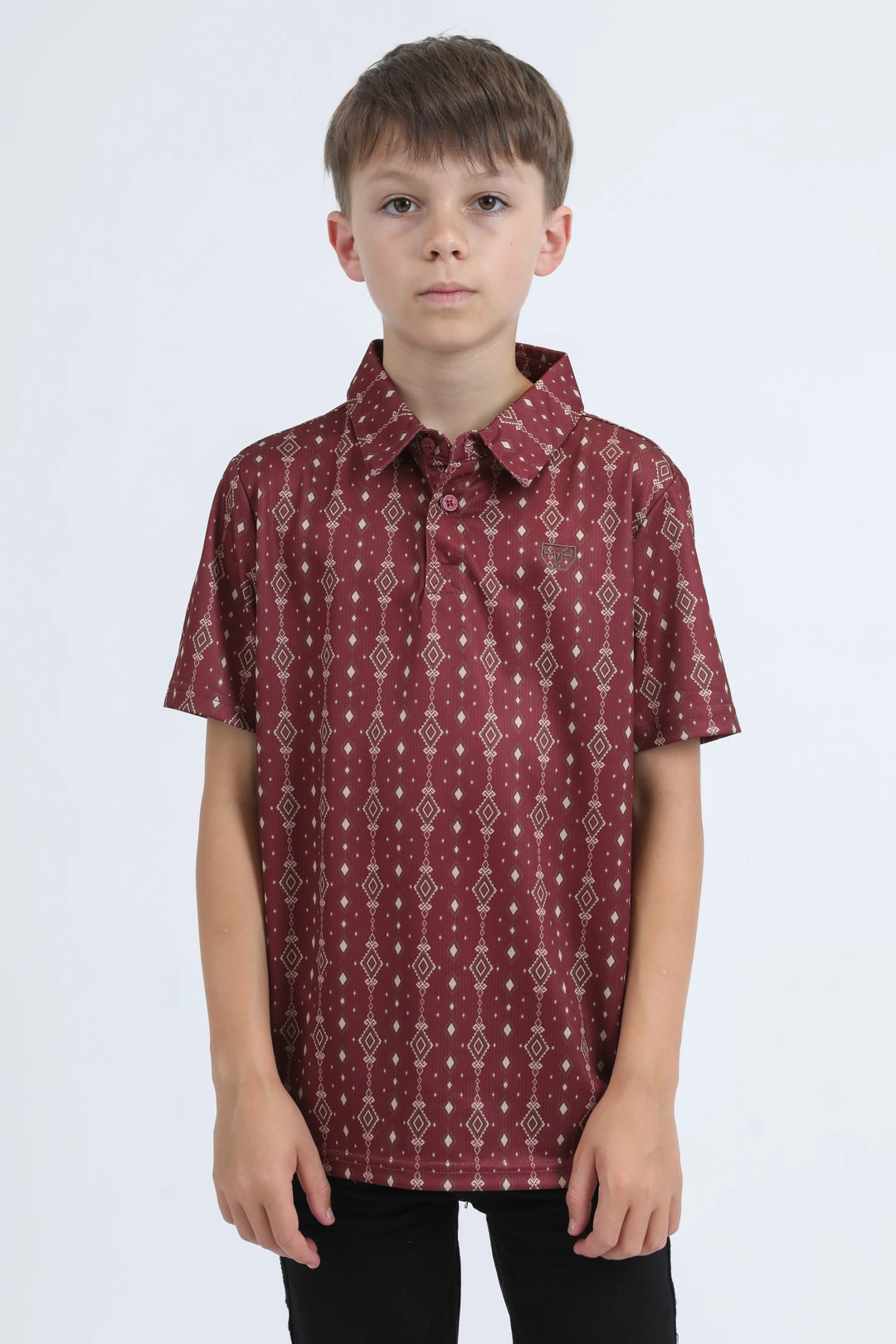 Luxury Apparel Kids Performance Fabric Modern Fit Stretch Aztec Print Red Polo