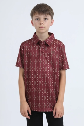 Luxury Apparel Kids Performance Fabric Modern Fit Stretch Aztec Print Red Polo