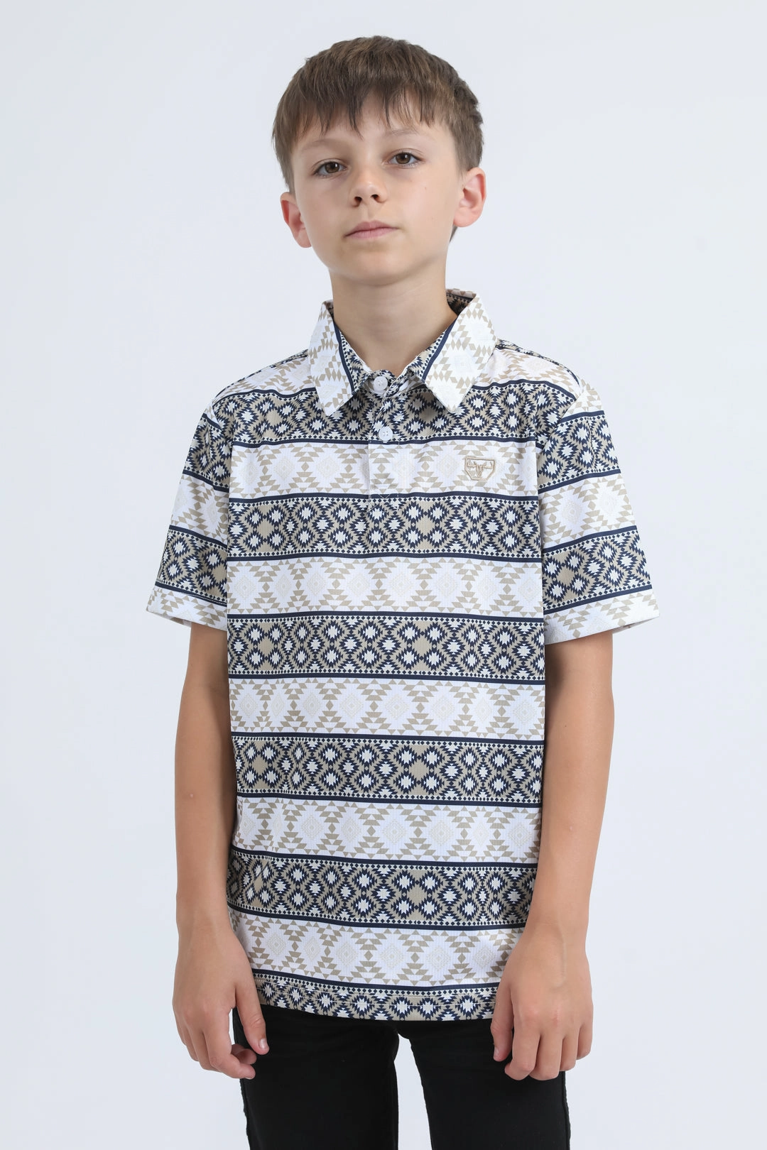 Kids Performance Fabric Modern Fit Stretch Aztec Print White Polo TactileStitching